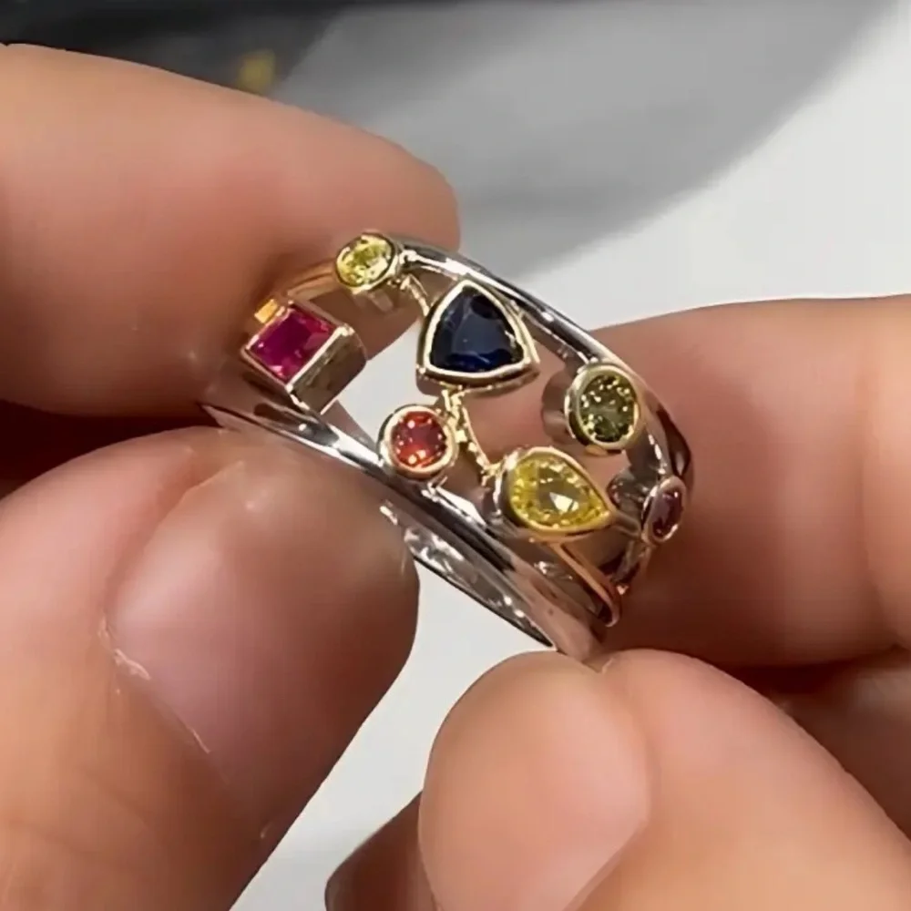 Women’s Multicolor Gemstone Silver and Gold Fashion Ring - Size 8.5 - NWT